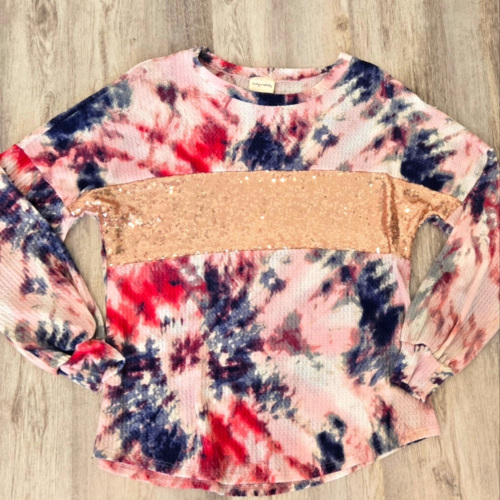 Women's Pink And Blue Tie Dye Sparkle Long Sleeve Shirt Small
